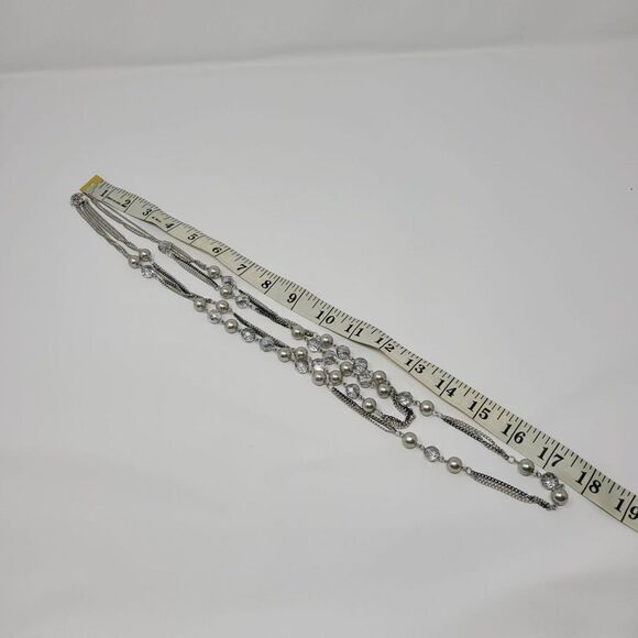 Express Layered Princess Matinee Necklace Silver Faux Pearl Crystal Multi Chain - Picture 3 of 10